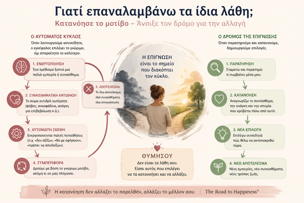 Επιμορφωτικό γράφημα που εξηγεί γιατί επαναλαμβάνουμε τα ίδια λάθη και πώς η αυτογνωσία βοηθά να διακόψουμε τα επαναλαμβανόμενα μοτίβα συμπεριφοράς.