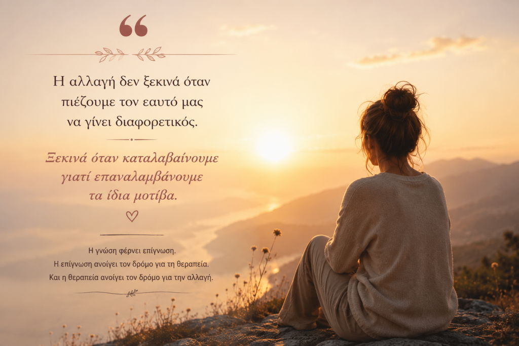 Γυναίκα κοιτάζει τον ορίζοντα στο ηλιοβασίλεμα δίπλα σε εμπνευσμένο μήνυμα για την αυτογνωσία, την κατανόηση των επαναλαμβανόμενων μοτίβων και την προσωπική αλλαγή.