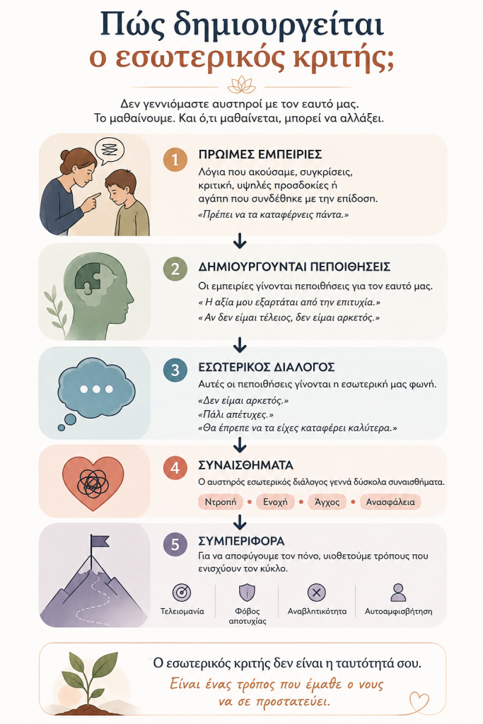 Εκπαιδευτικό infographic που παρουσιάζει πώς δημιουργείται ο εσωτερικός κριτής μέσα από τις πρώιμες εμπειρίες, τις πεποιθήσεις, τον εσωτερικό διάλογο, τα συναισθήματα και τη συμπεριφορά.